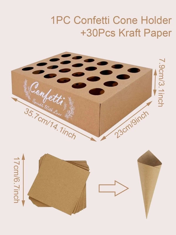 30 Craft Paper Cones with Tray Holder- White or Brown