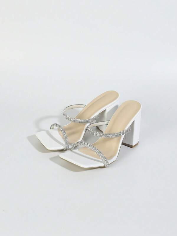 White Single Strap Rhinestone Heels