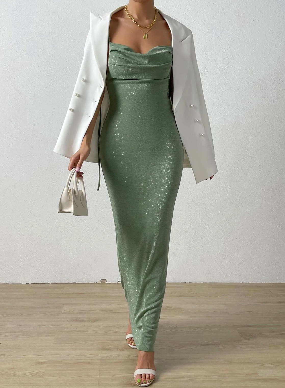 Sparkling Army Green Backless Bridesmaid Dress