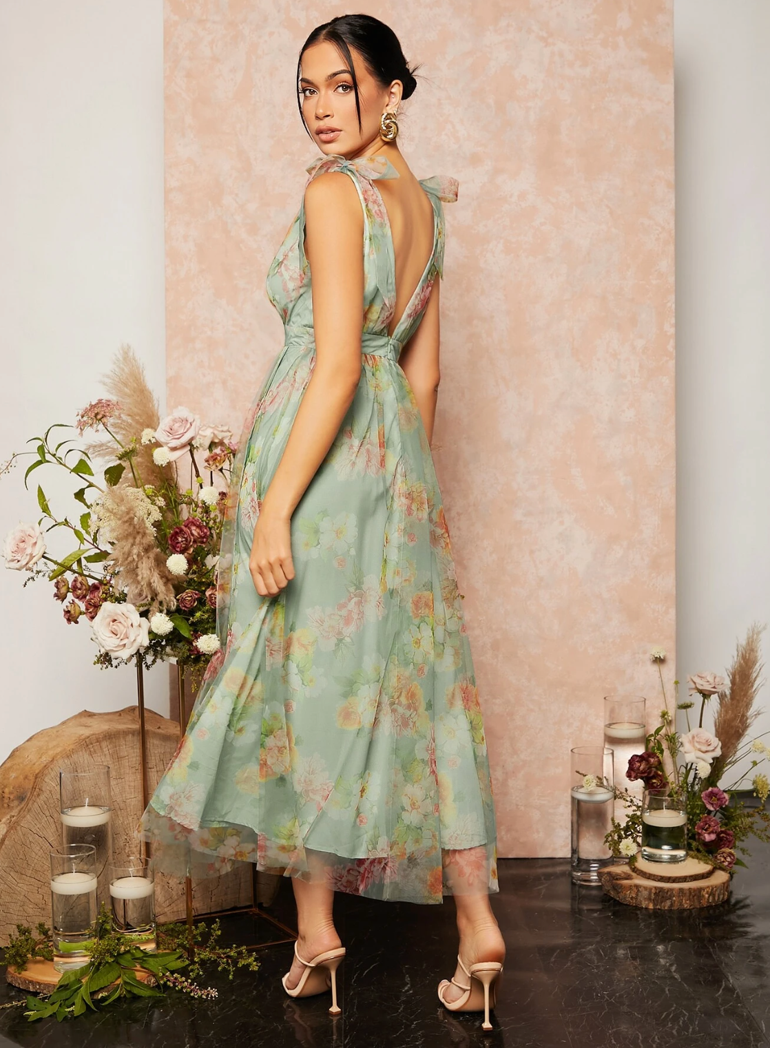 Tie Shoulder Floral Bridesmaid Dress