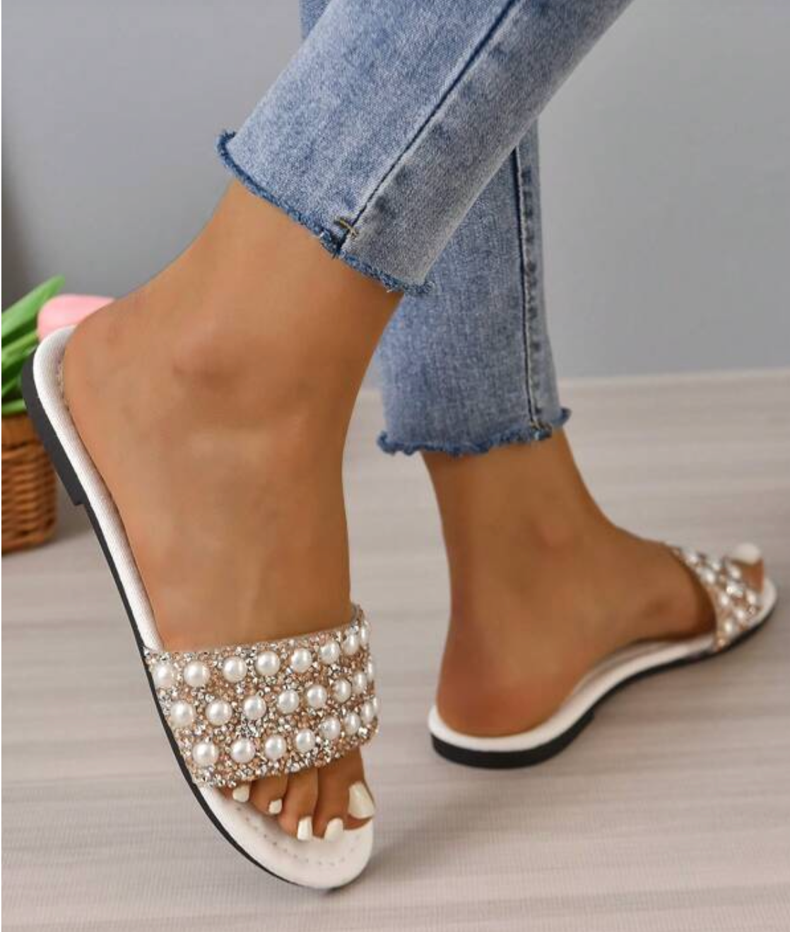 White Pearl & Rhinestone Flats