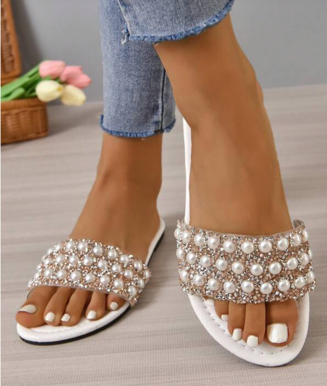 White Pearl & Rhinestone Flats