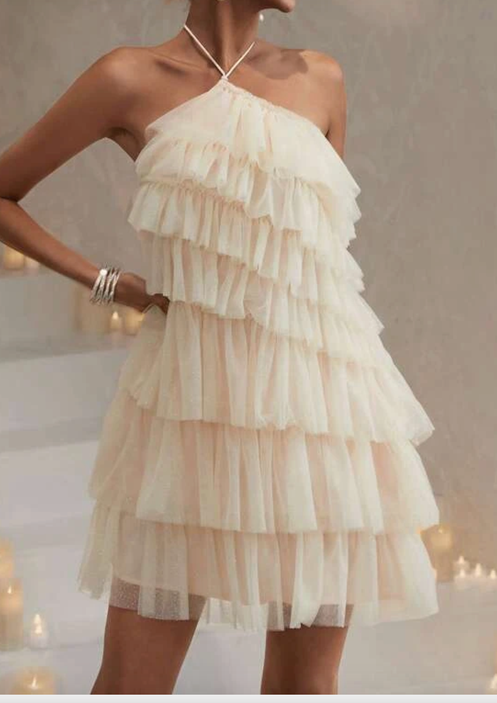 Mesh Overlay Hens Dress- Soft Apricot