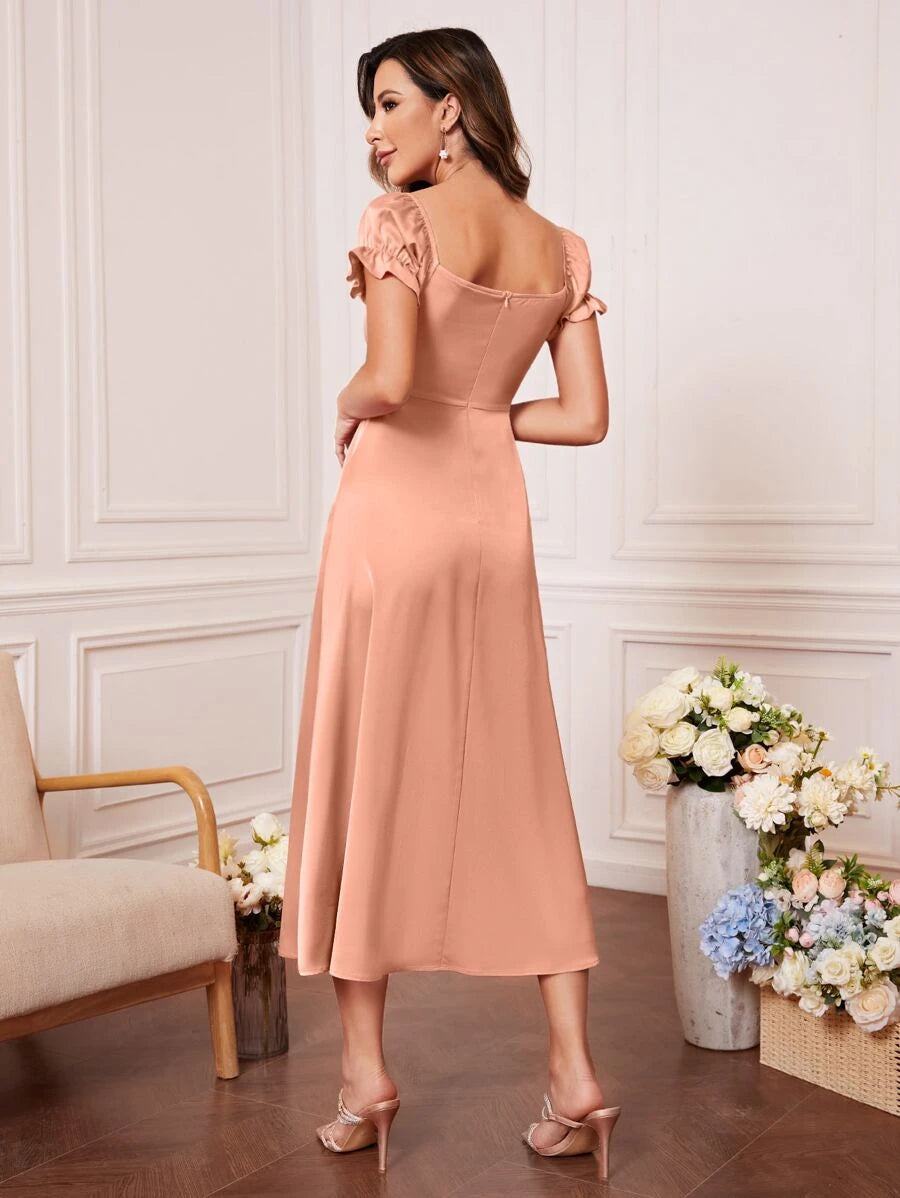 Ruched Bust Puff Sleeve Satin Bridesmaid Dress- Burnt Pink