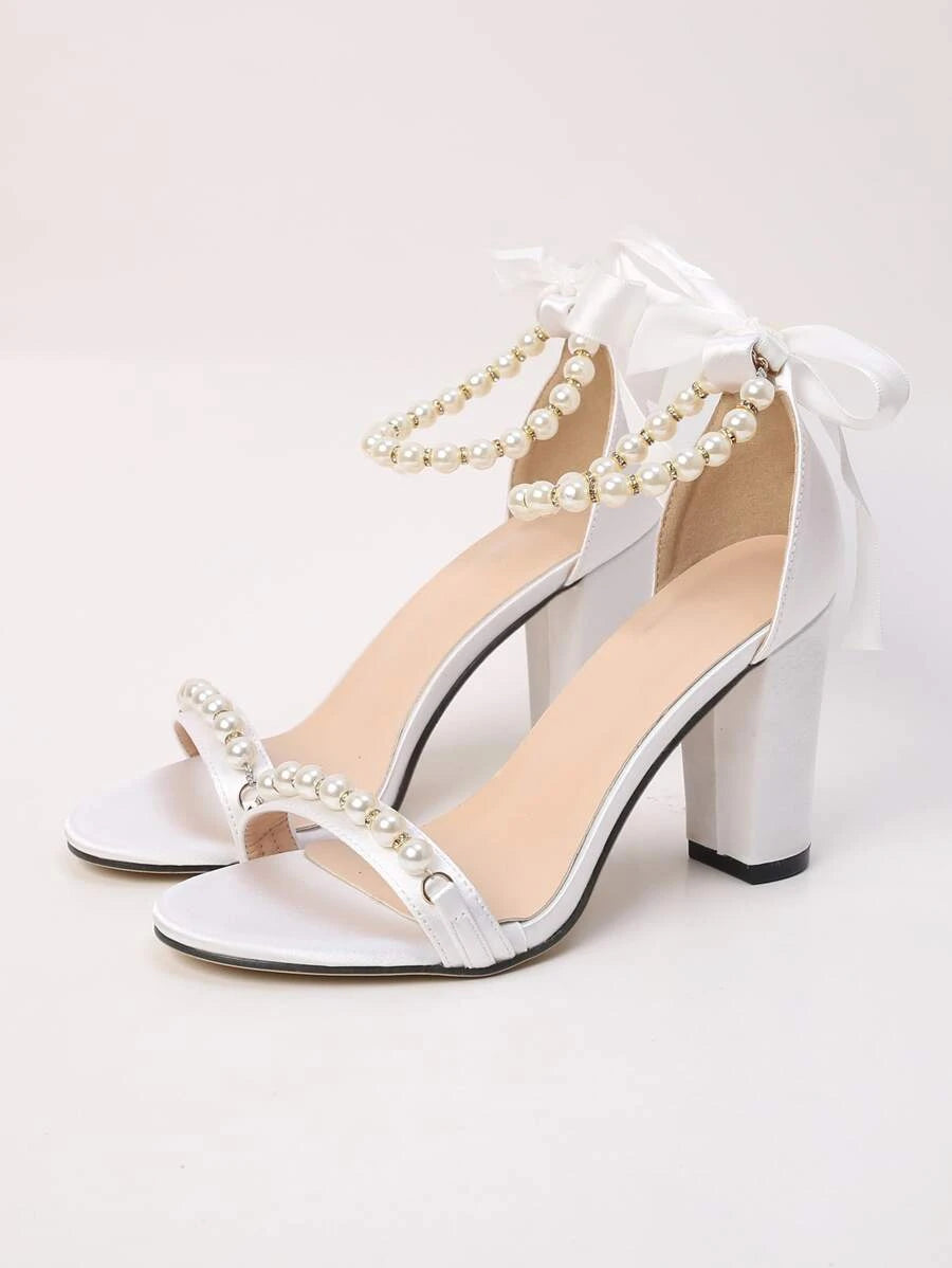 White Bow & Pearl Satin Heels