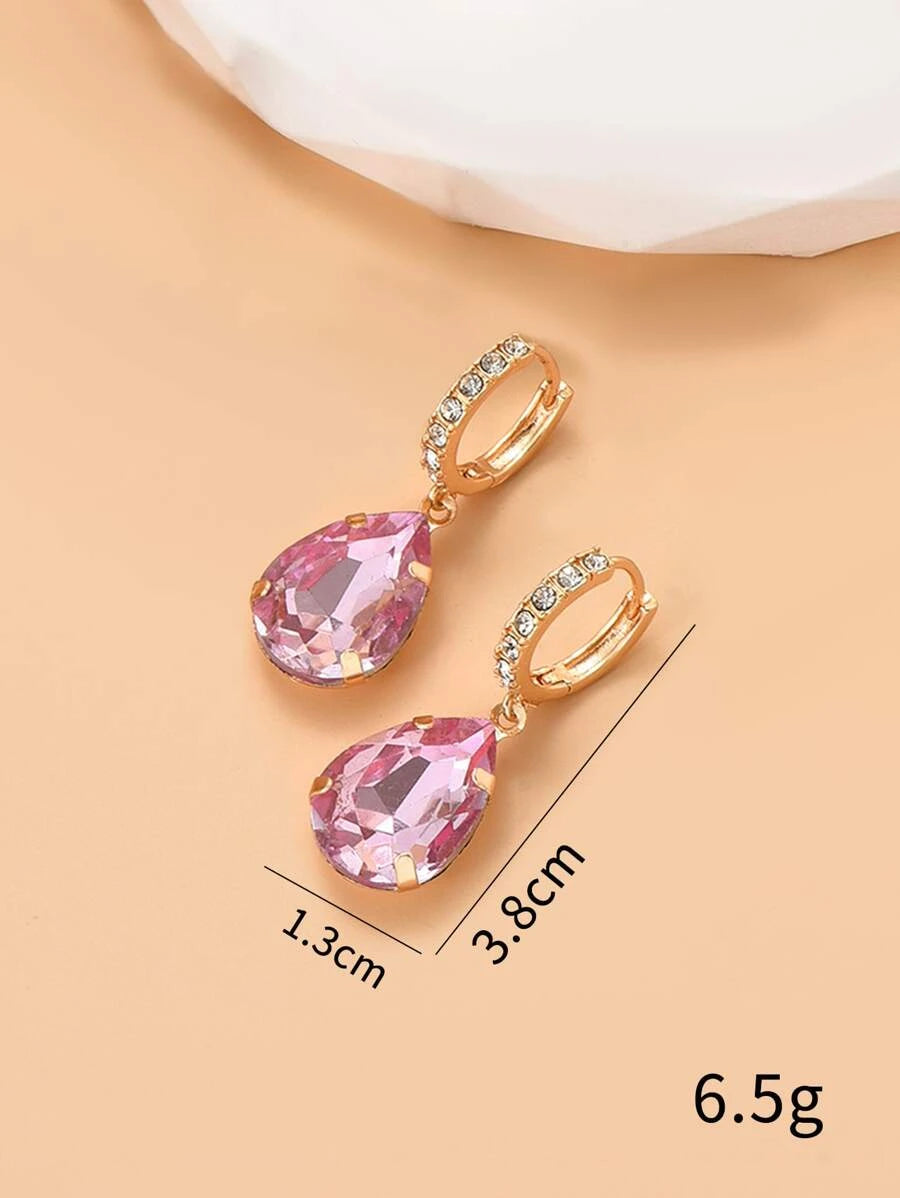 Rhinestone Water Drop Earrings- Pink