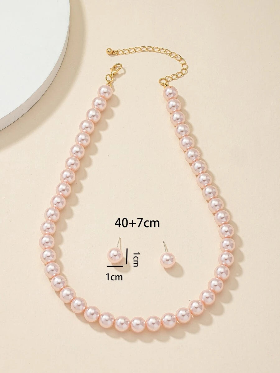 Faux Pearl Beaded Necklace & Stud Earrings- Set