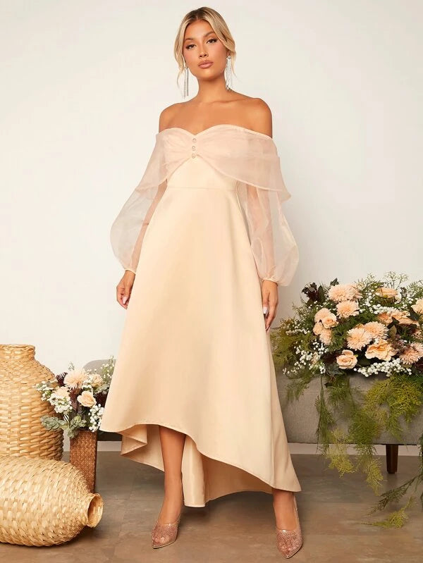 Off Shoulder Mesh Sleeved Bridesmaid Dress- Beige