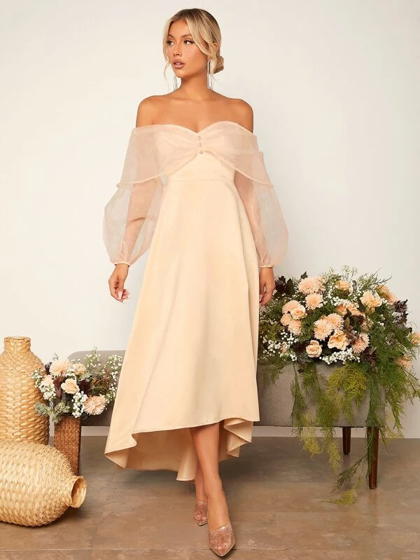 Off Shoulder Mesh Sleeved Bridesmaid Dress- Beige