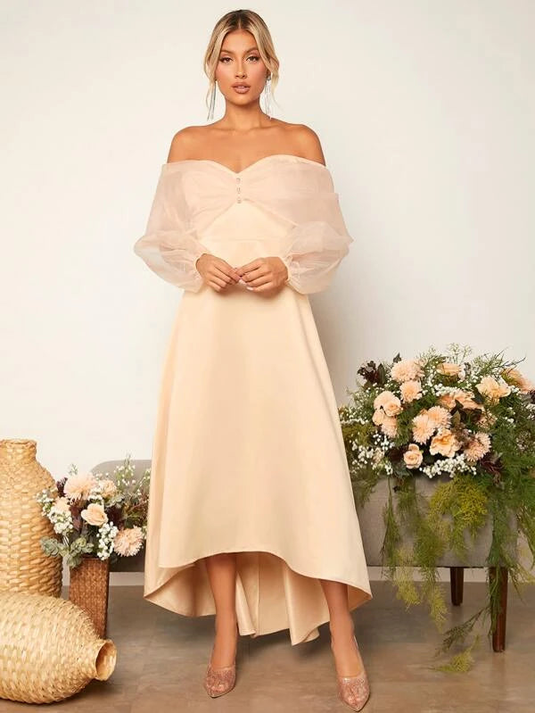 Off Shoulder Mesh Sleeved Bridesmaid Dress- Beige