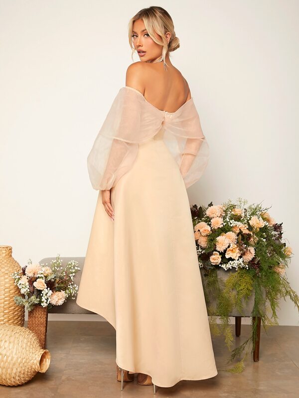 Off Shoulder Mesh Sleeved Bridesmaid Dress- Beige