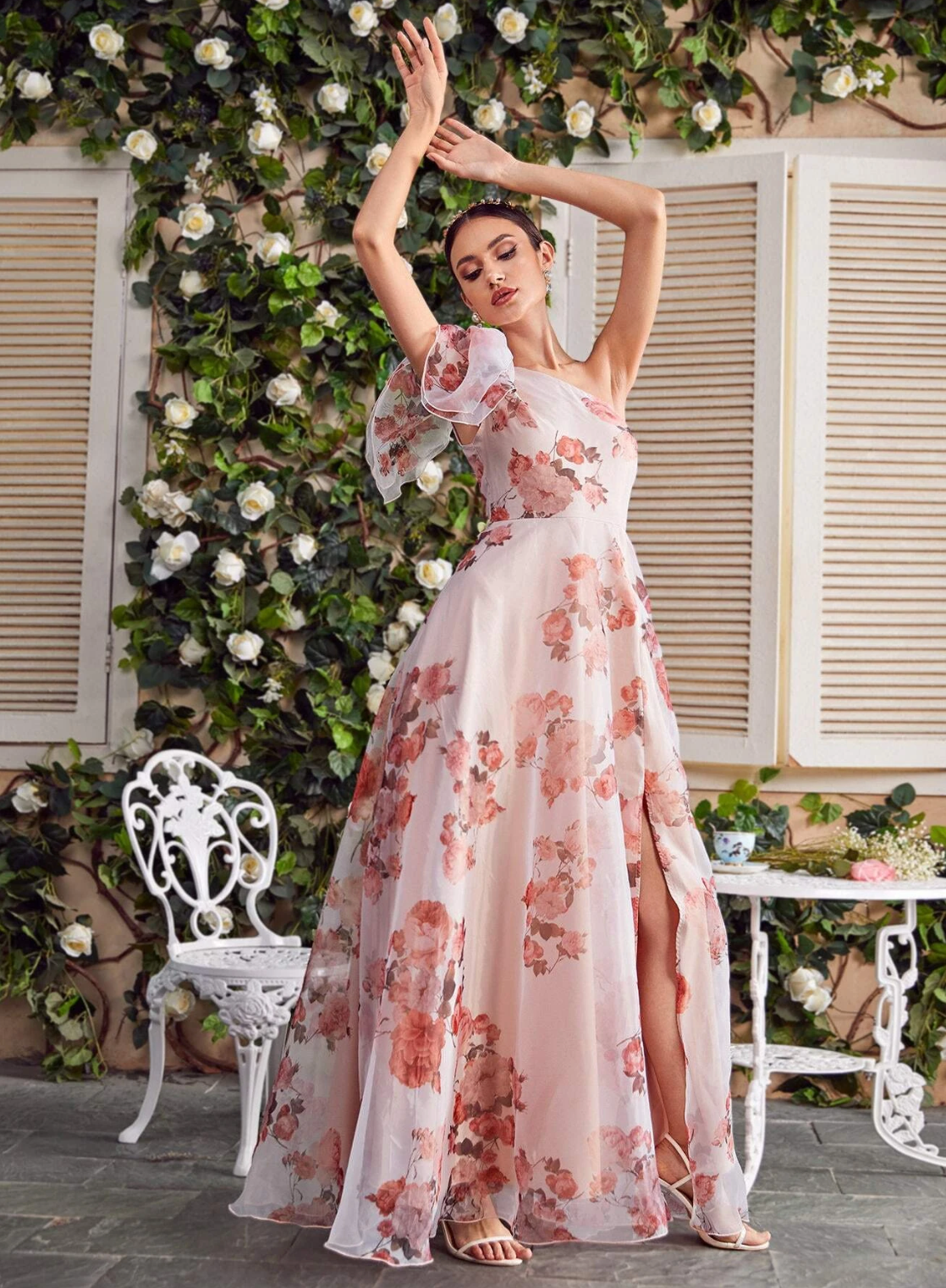 One Shoulder Floral Bridesmaid Dress