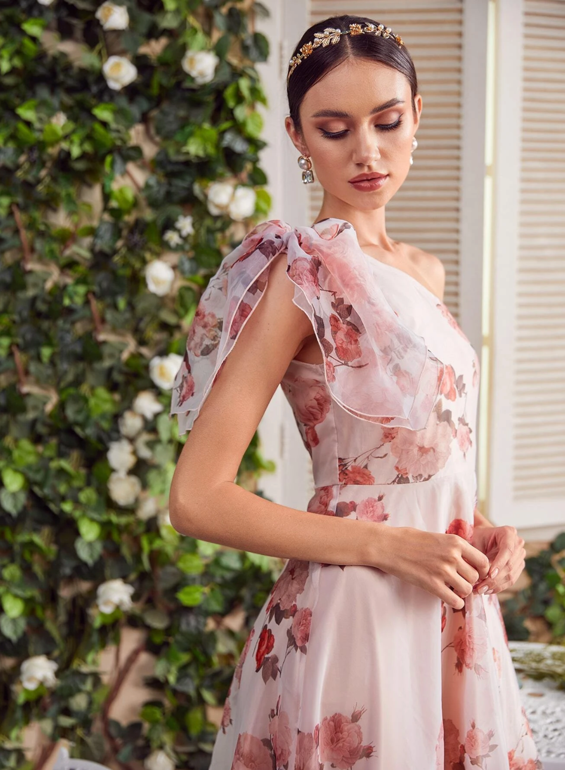 One Shoulder Floral Bridesmaid Dress