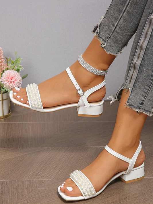 Simple Pearl Ankle Strap Mid-Heel
