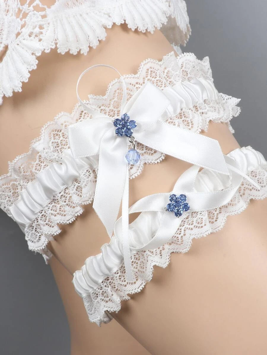 2pc Blue Rhinestone Flower & Bow Bridal Garter