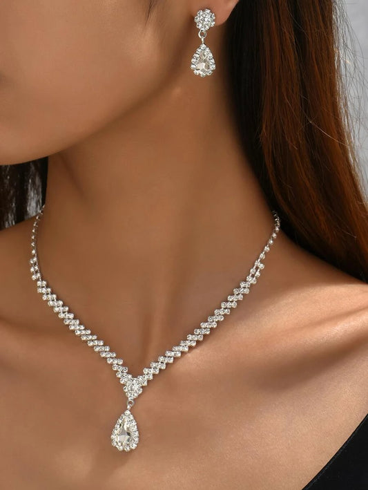 Rhinestone Water Drop Jewellery- 2 Piece Set