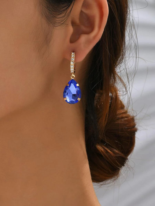 Rhinestone Water Drop Earrings- Royal Blue