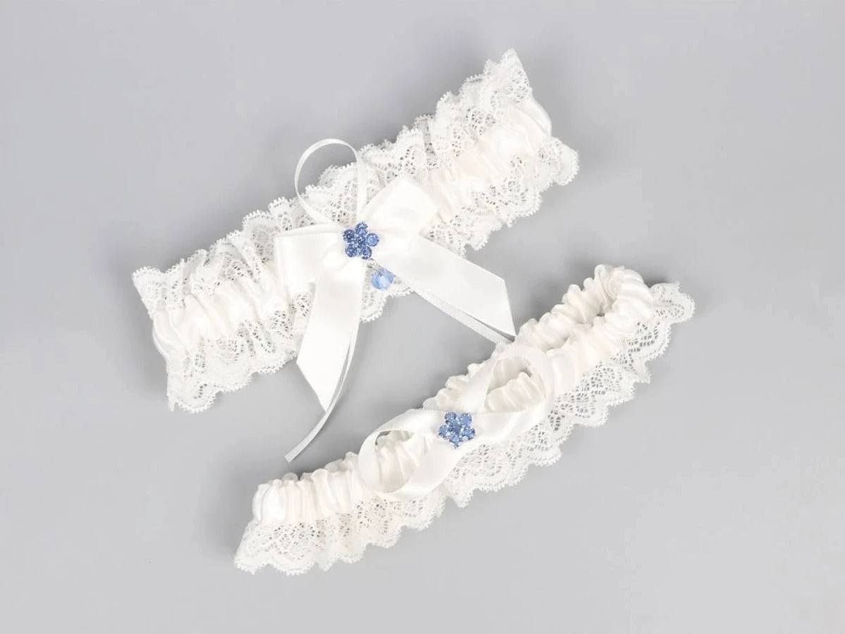 2pc Blue Rhinestone Flower & Bow Bridal Garter