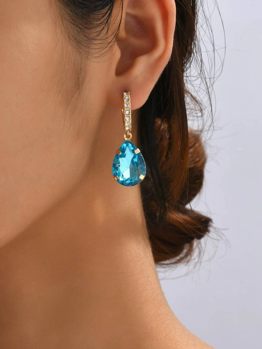 Rhinestone Water Drop Earrings- Teal Blue