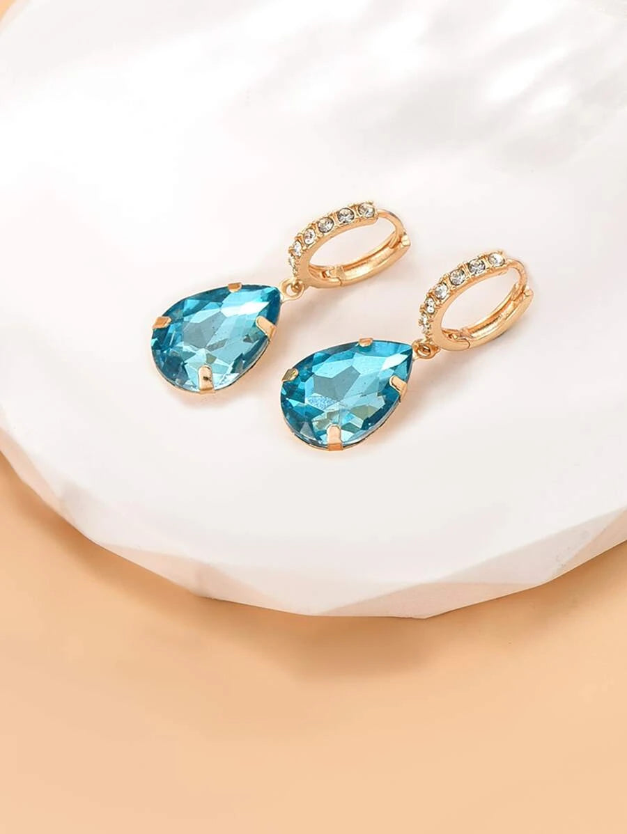 Rhinestone Water Drop Earrings- Teal Blue