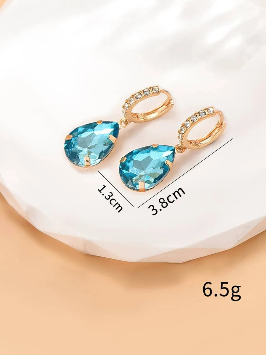 Rhinestone Water Drop Earrings- Teal Blue